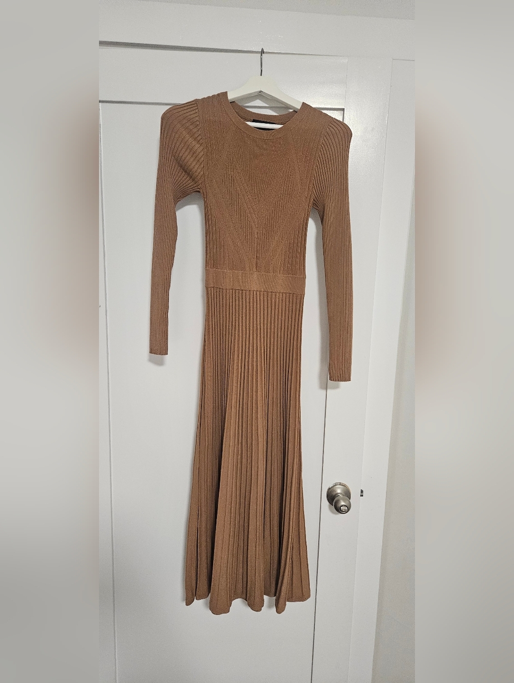 Express Ribbed Long Sleeve Knit Dress in Camel - Picture 2 of 4